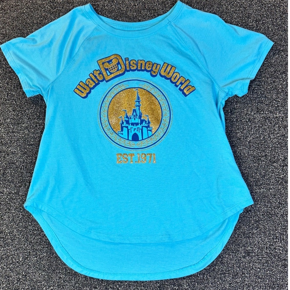 Walt‎ Disney World Girls Blue Glitter Castle Graphic Tee Shirt EST 1971 Size S